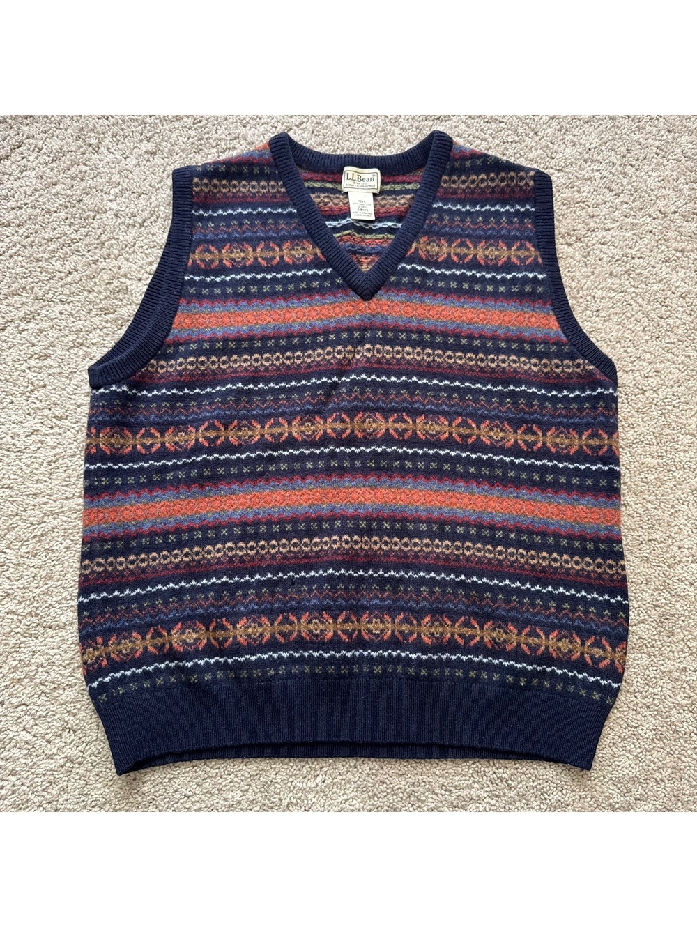LL Bean Sweater Vest Men size L Multicolor 100% wool Golf Preppy V Neck Knit